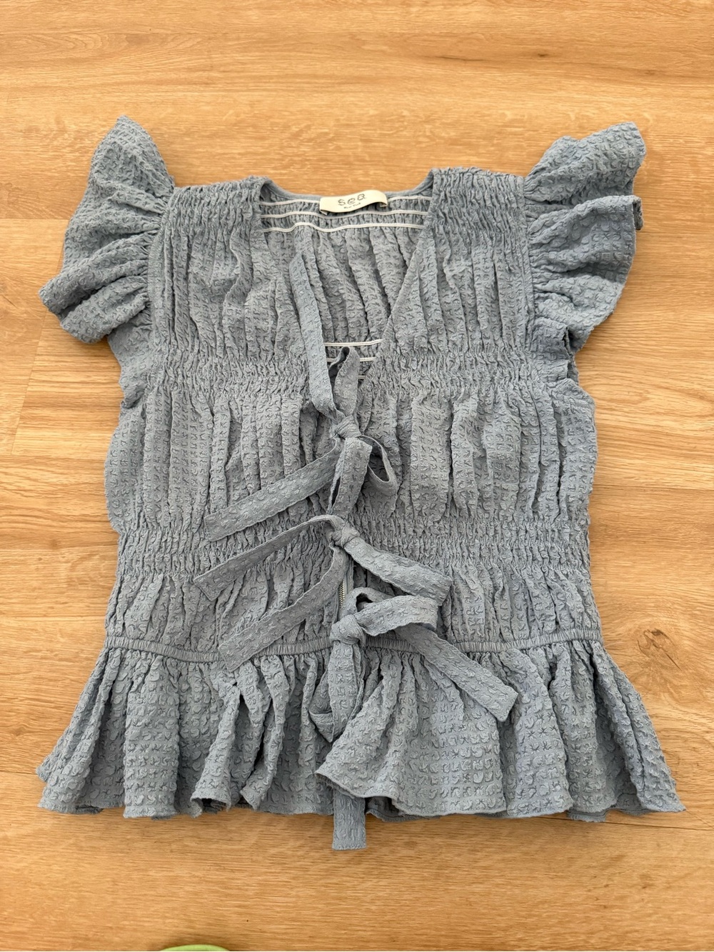 Sea New York Light Blue Smocked Tie-Front Ruffle Sleeve Top
